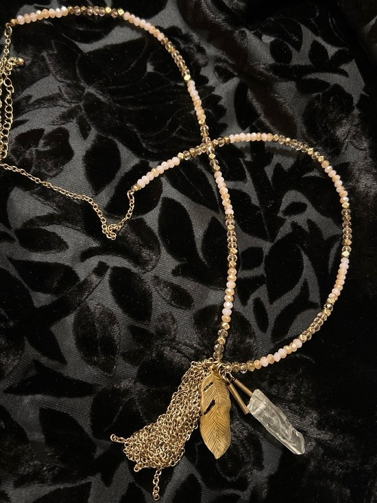 Jewelry - Gold and Blush Beaded Pendant Necklace with Feather & Crystal